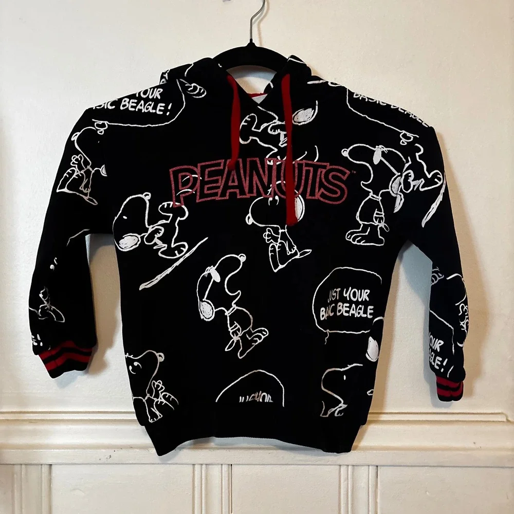 Zara Kids Peanuts Snoopy Hoodie Size 5/6 Black Red All Over Print Pullover